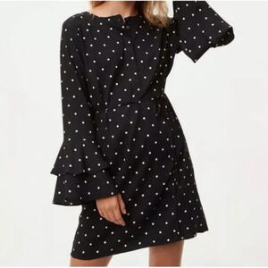 Loft Women's Mini Dress Size M Black Polka Dot 100% Polyester Long Sleeves